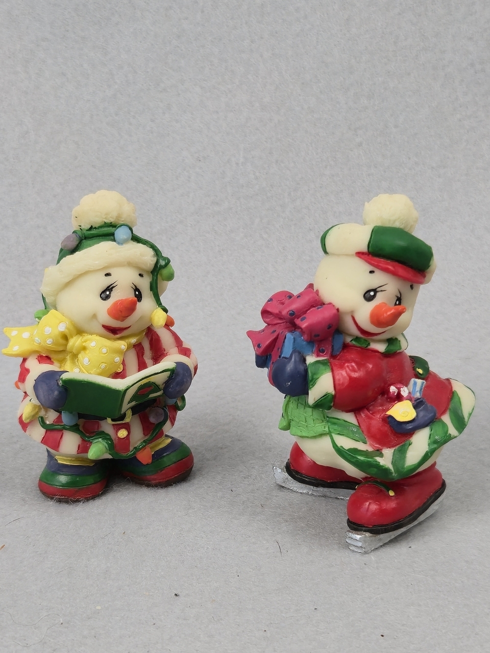Vintage Christmas Snowman Figurine Set Caroling & Ice Skating Decor 3"